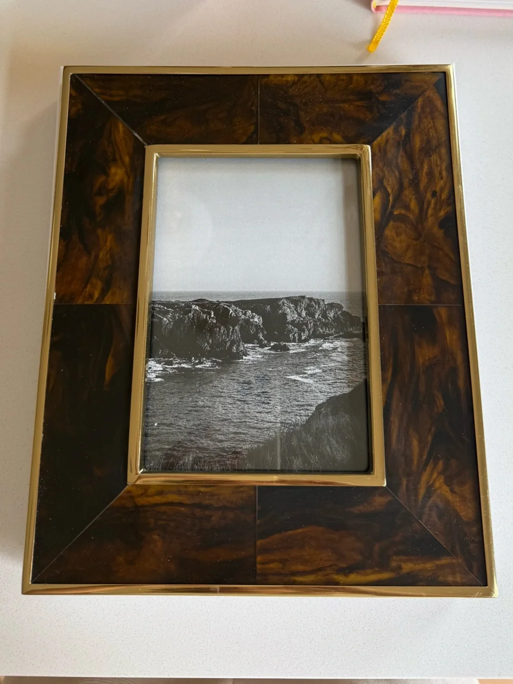 Crate&Barrel Brown Faux-Tortoiseshell Photo Frame with Gold Trim